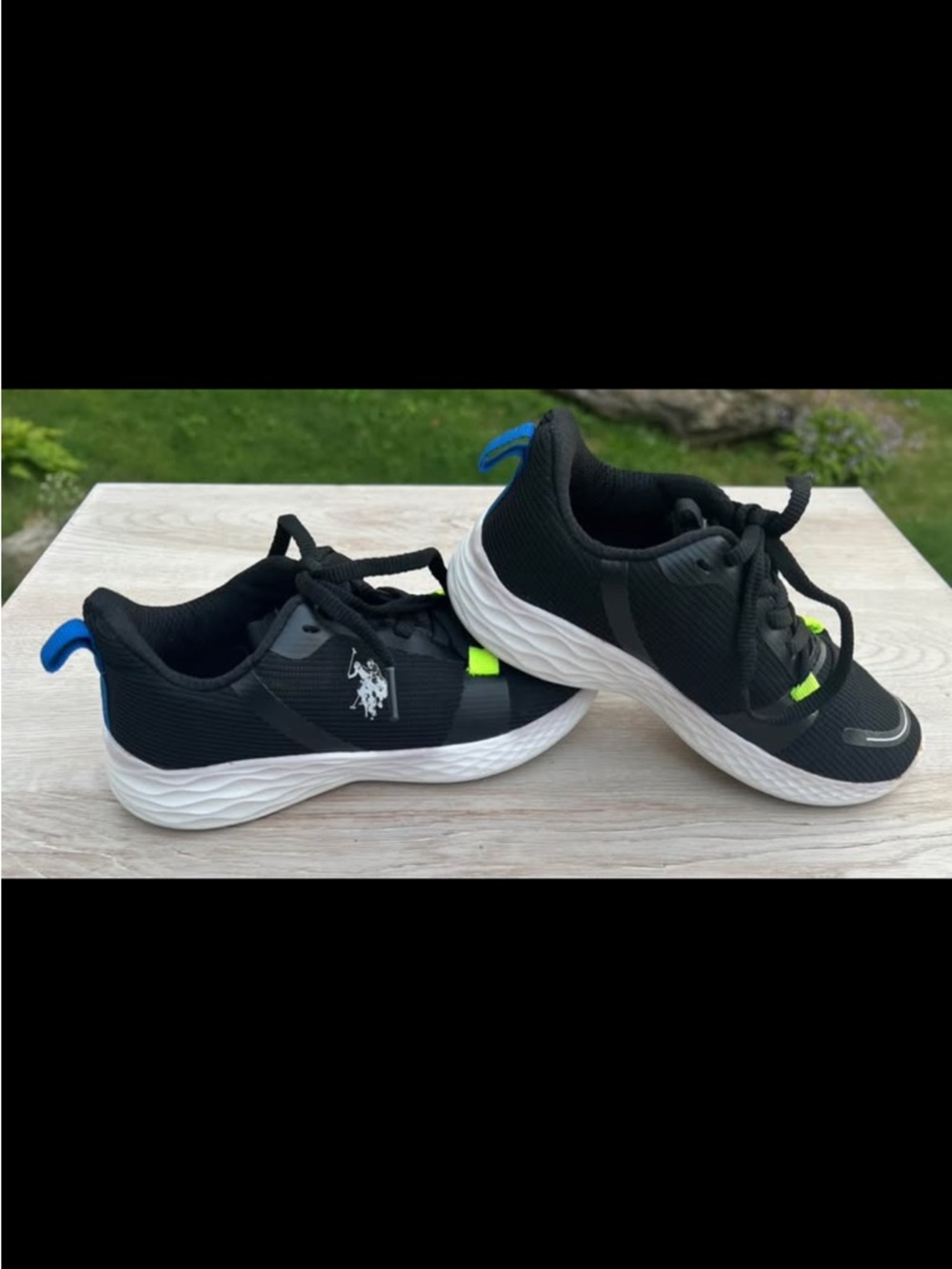 Toddler size 12 U.S. Polo. Black Sneakers with Neon Green and Blue Accents